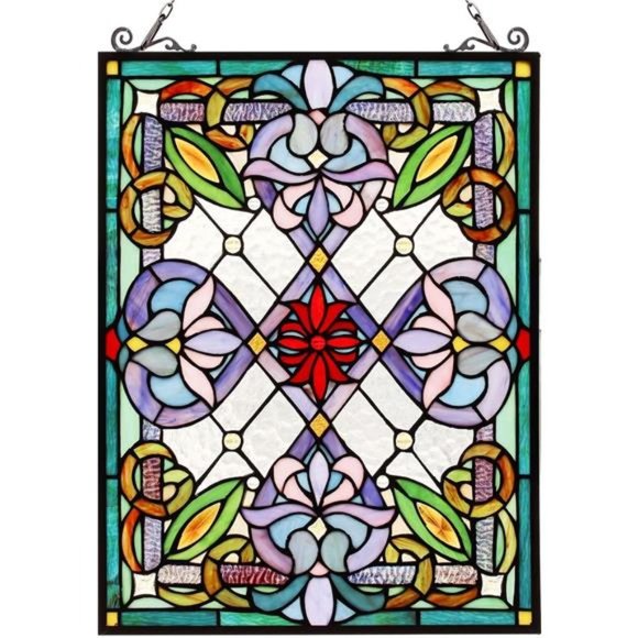 Victorian Style Glass Window Panel with Hanging Chain, Multicolor